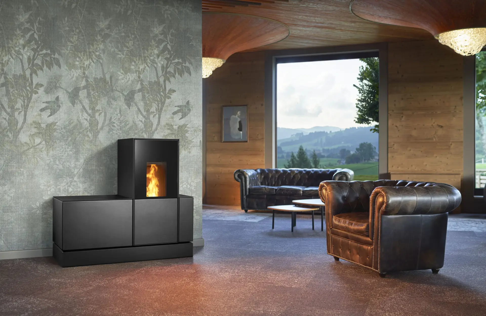 Stufa a pellet Piazzetta P240 con panca in maiolica